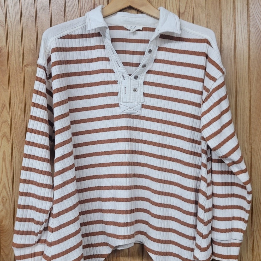 Easel Womens Small Brown White Striped Ribbed Henley Oversized Asymmetrical Top